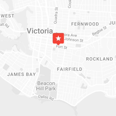 Map of Victoria, BC with a pin for the BC Games Society office