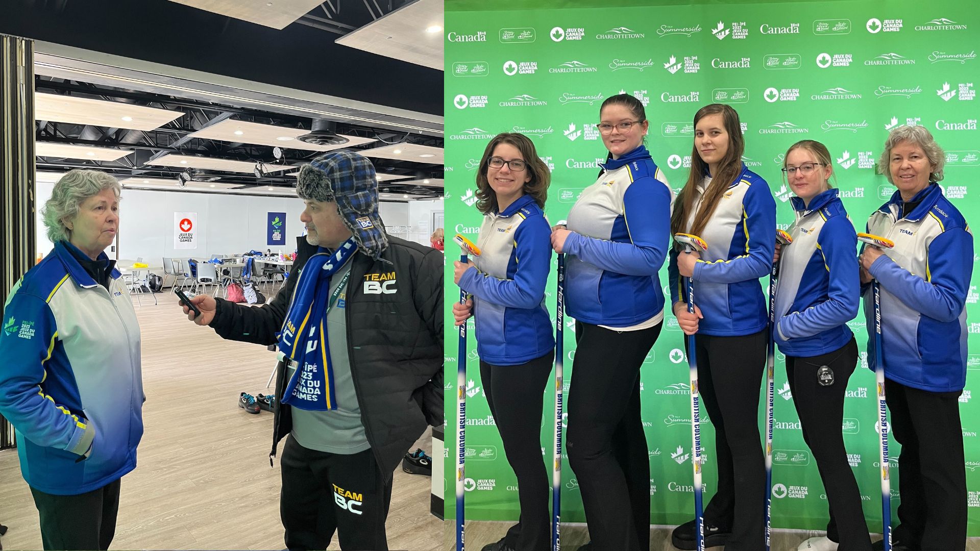 Women's curling team poses with brooms at 2023 Canada Winter Games