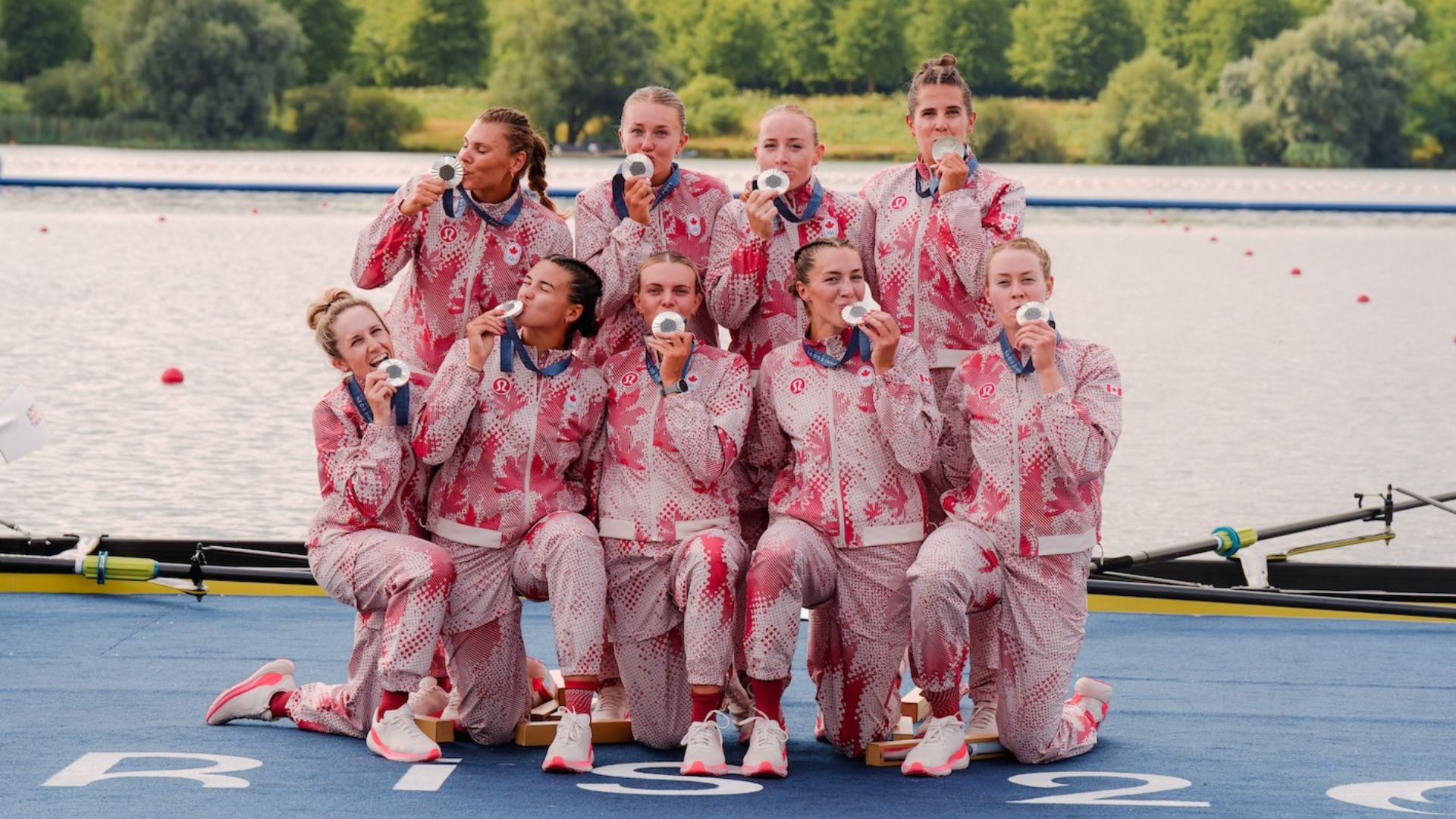 Canadian women's eight celebrate silver at 2024 Summer Olympic Games.